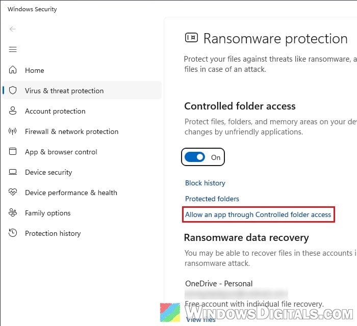 Allow an app through Controlled folder access Windows 11