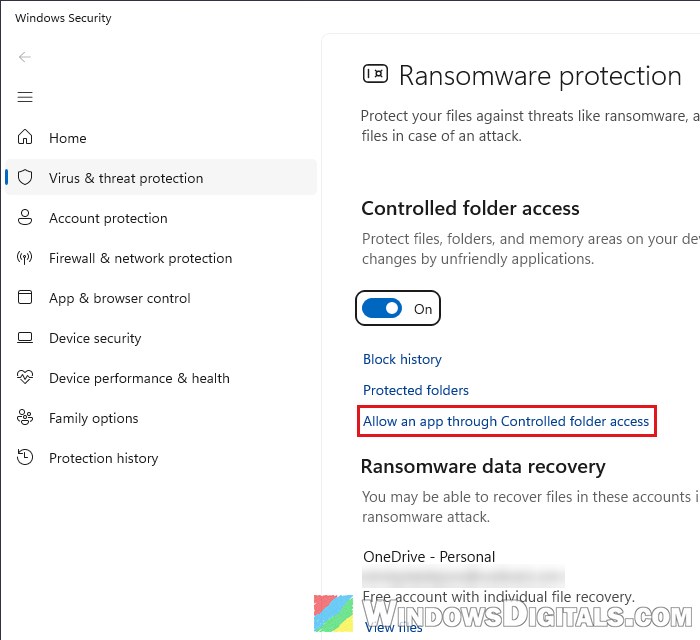 Allow an app through Controlled folder access Windows 11