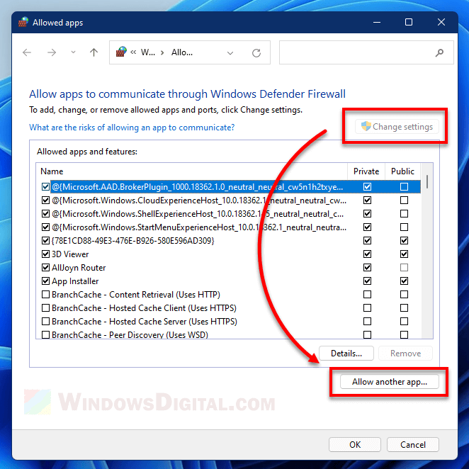 Allow another app greyed out Firewall Windows 11