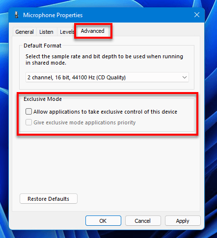 Allow applications to take exclusive control of this device Windows 11