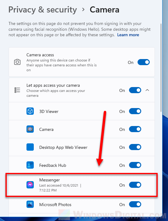 Allow facebook messenger access to camera in Windows 11