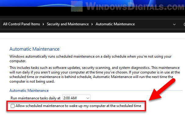 Allow scheduled maintenance to wake up my computer