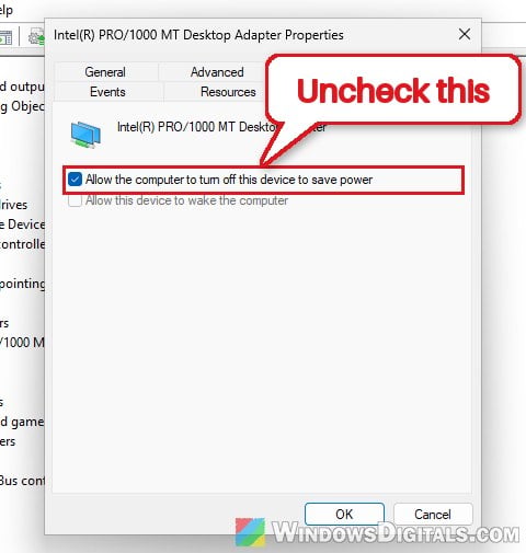 Allow the computer to turn off this device to save power