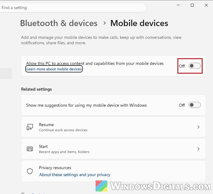 Allow this PC to access mobile devices Settings Windows 11