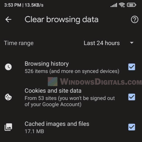 Android clear Chrome browsing history cookies and cache