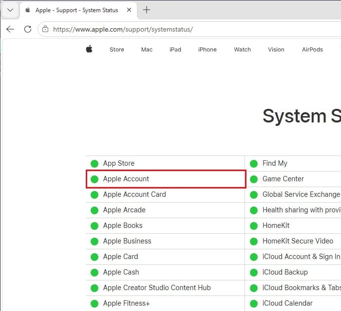 Apple System Status page Apple Account