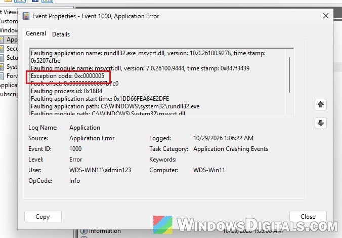 Application Error event exception code 0xc0000005 Event Viewer Windows 11