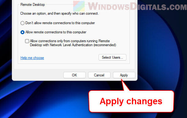 Apply changes to disable NLA in Windows 11