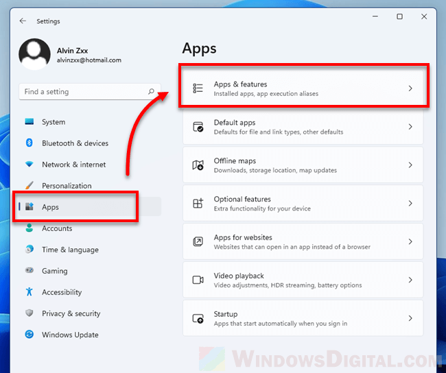 Apps and Features Windows 11