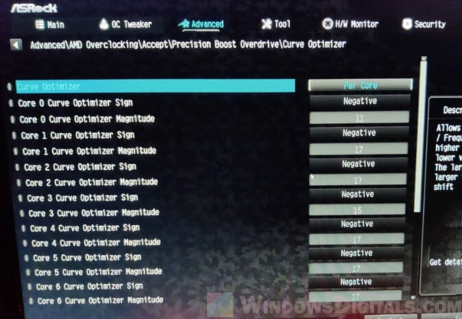 Asrock BIOS Curve Optimizer settings