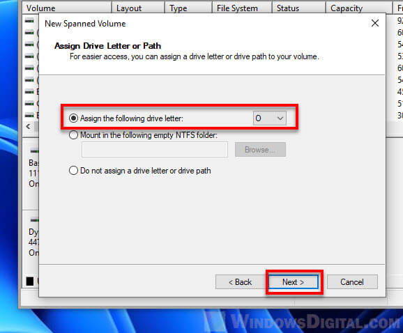 Assign drive letter for New Spanned Volume