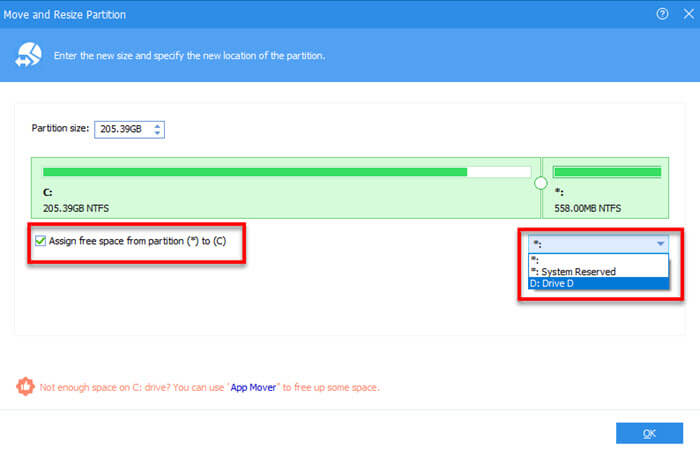 Assign free space from one partition to another