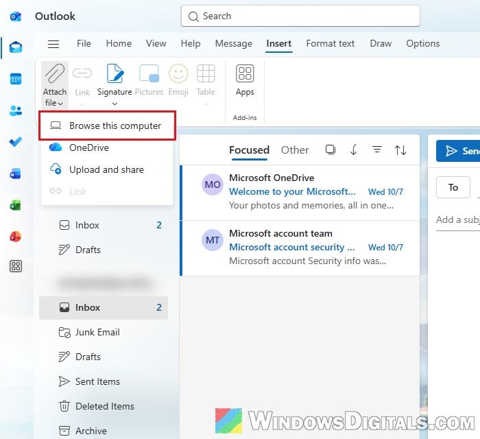 Attach file Browse this computer new Outlook Windows 11