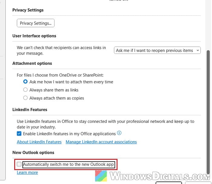 Automatically switch me to the new Outlook app option in classic Outlook