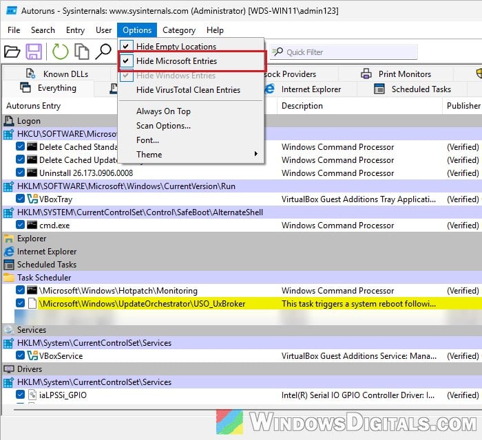 Autoruns hide Microsoft entries Windows 11