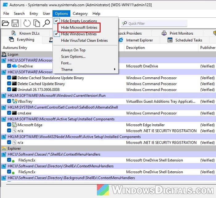 Autoruns hide Microsoft entries Windows 11