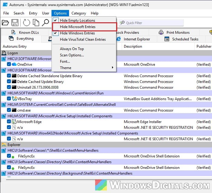 Autoruns hide Microsoft entries Windows 11
