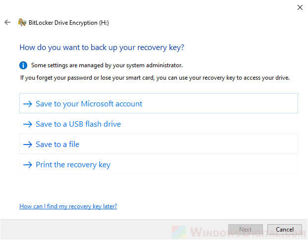 Back up recovery key Microsoft account or USD flash drive BitLocker