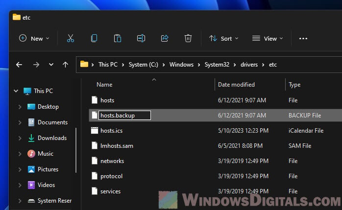 Backup hosts file in Windows 11