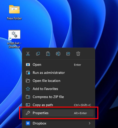 Bat file Properties Windows 11