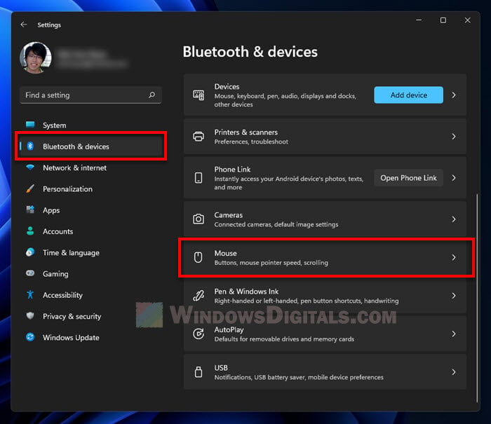 Bluetooth and devices Mouse Settings