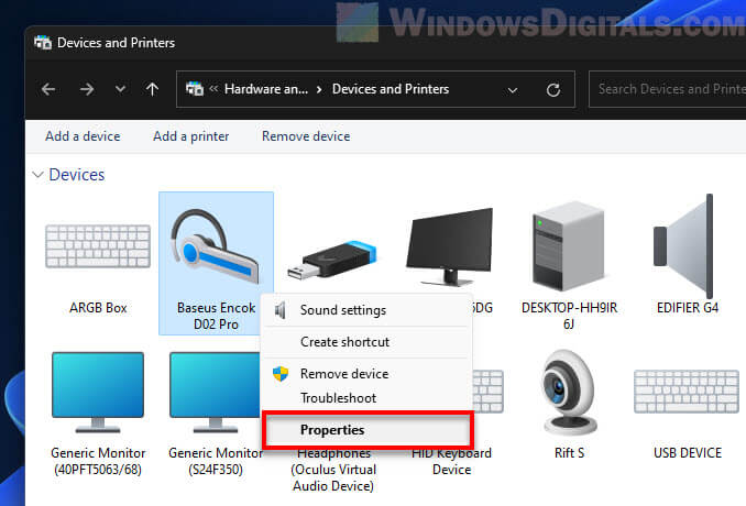Bluetooth headphones or speakers properties Windows 11