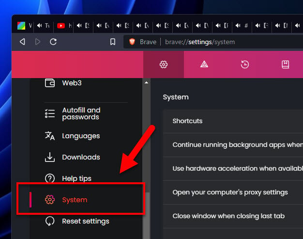 Brave System Settings
