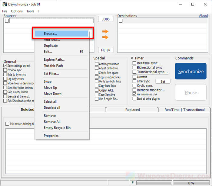 Browse to source or destination folder for Syncing in Windows 10 DSynchronize