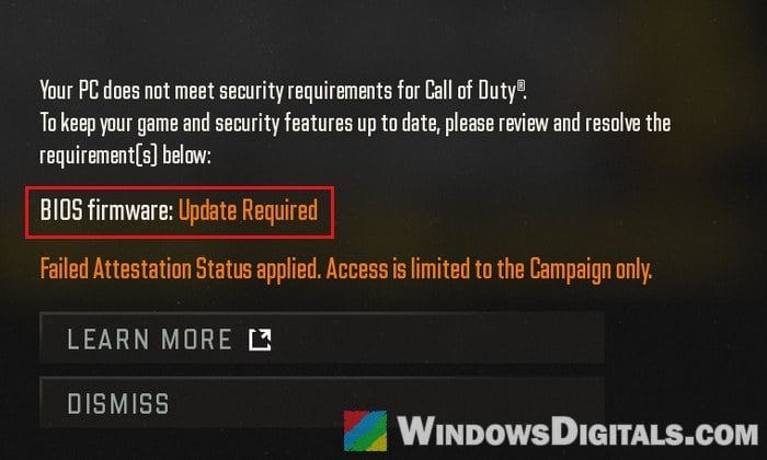 Call of Duty MW4 BIOS Firmware Update Required message