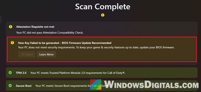 Call of Duty Secure Attestation New Key Failed to be generated