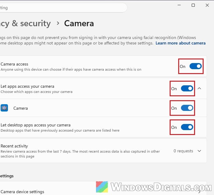Camera access privacy settings Windows 11