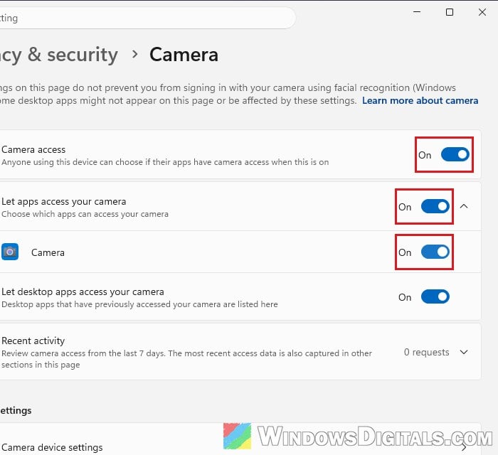 Camera privacy settings Windows 11