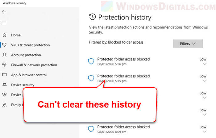 Can't Clear Protection History in Windows Defender