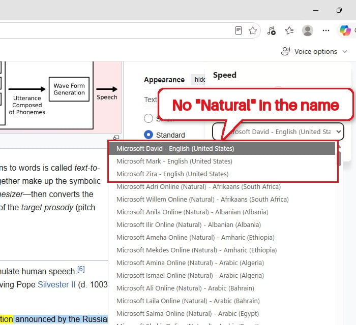 Change Read Aloud voice to a local voice in Edge