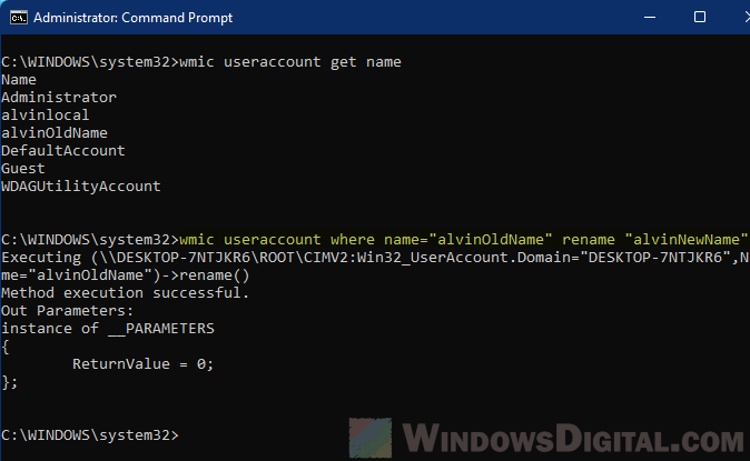 Change Windows 11 user account name Command Prompt