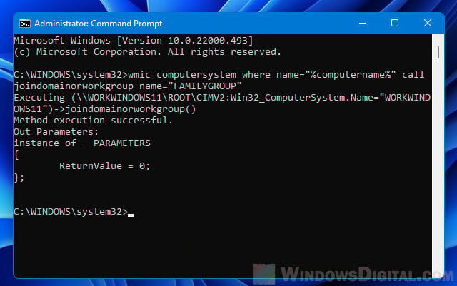 Change Workgroup in Windows 11 via CMD