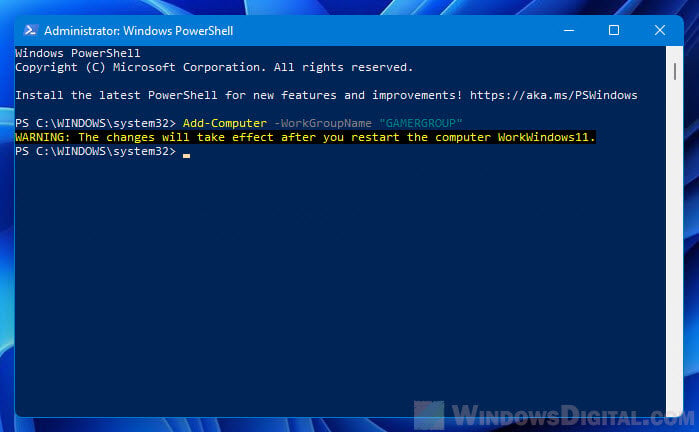 Change Workgroup in Windows 11 via PowerShell