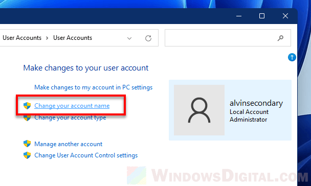 Change account name via Control Panel Windows 11
