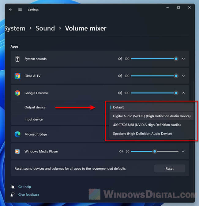 Change audio sound output device for specific app in Windows 11