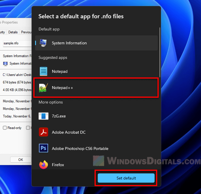 Change default app for NFO files in Windows 11