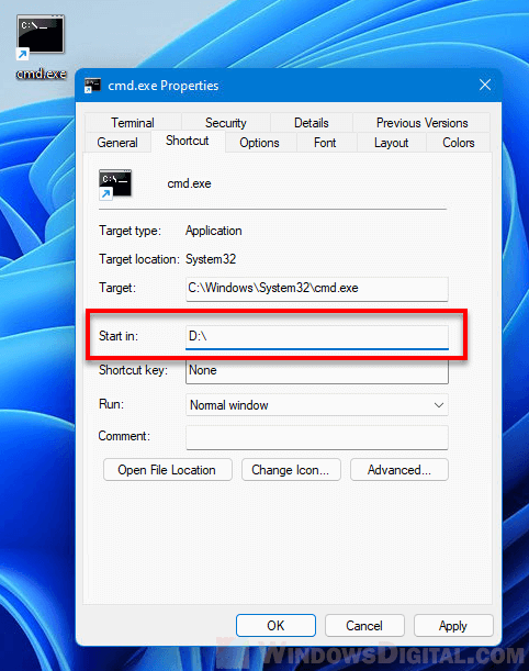 Change default directory in CMD Windows 11