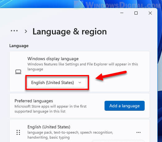 Change default display language Windows 11