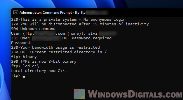 Change download directory for FTP file in CMD