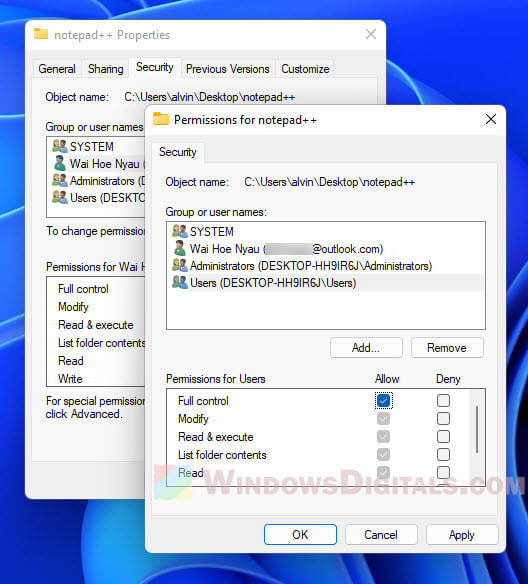 Change folder permission Windows 11