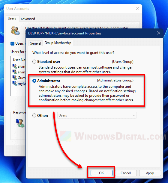 Change local account to Administrator group Windows 11