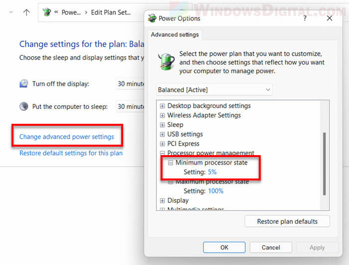 Change minimum processor state Windows 11