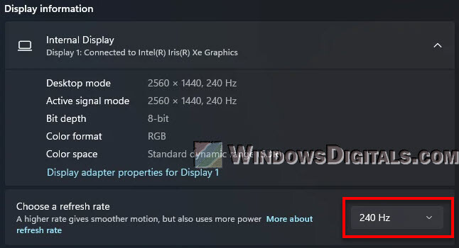 Change monitor refresh rate to 240Hz in Windows 11