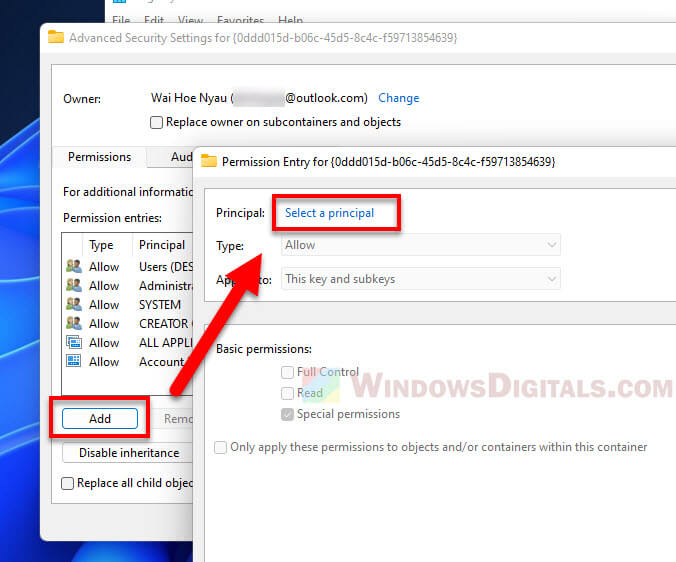 Change permission of Registry key for user