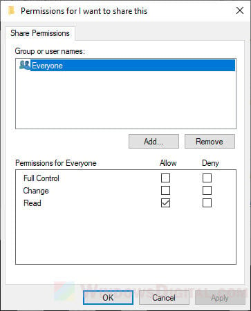 Change shared folder permissions Windows 10