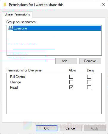 Change shared folder permissions Windows 10